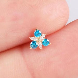 14k Solid Gold Blue Floral Cartilage Earring Sparkling Bloom Helix Stud Tragus Conch Flat Back Earring Flower Piercing Jewelry