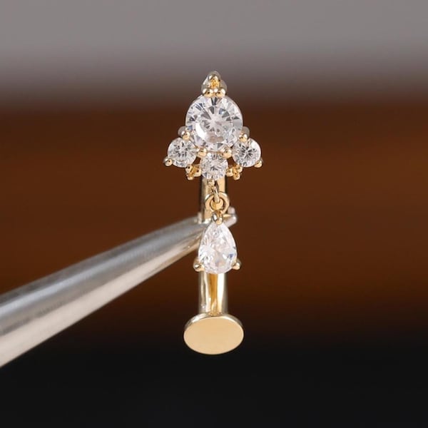 14K Solid Gold Floating Solitaire Diamond CZ Belly Ring Teardrop Navel Internally Threaded Curved Barbell
