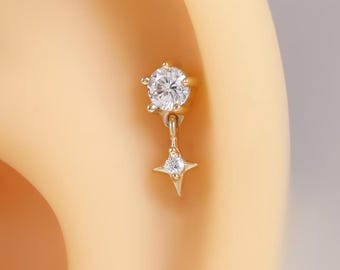 14k Solid Gold Dangle Star Diamond Helix Stud Celestial Cartilage Push Back Clear CZ Tragus Conch Star Stud Threadless Push Pin Stud