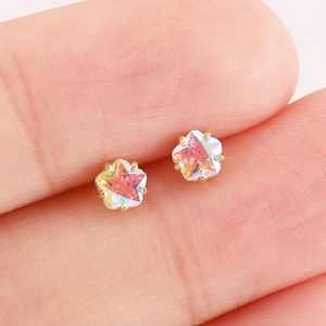 14k Solid Gold AB Coated Color CZ Flower Stud Earring Plum Flower Earring Tiny Flower Solitaire Earring Helix Stud Tragus Conch Stud Earring