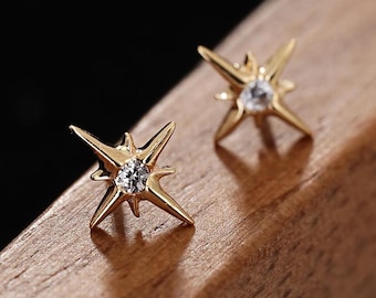 14k Solid Gold Starburst Helix Stud Tragus Conch Flat Back Earring Tiny Star Cartilage Earring