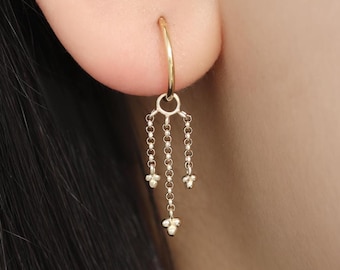 14K Solid Gold Dangle Beads Clicker Hoop Charm Dangle Triple Chain Rook Helix Charm Gold Beaded Belly Button Charm Cartilage Charm Earring