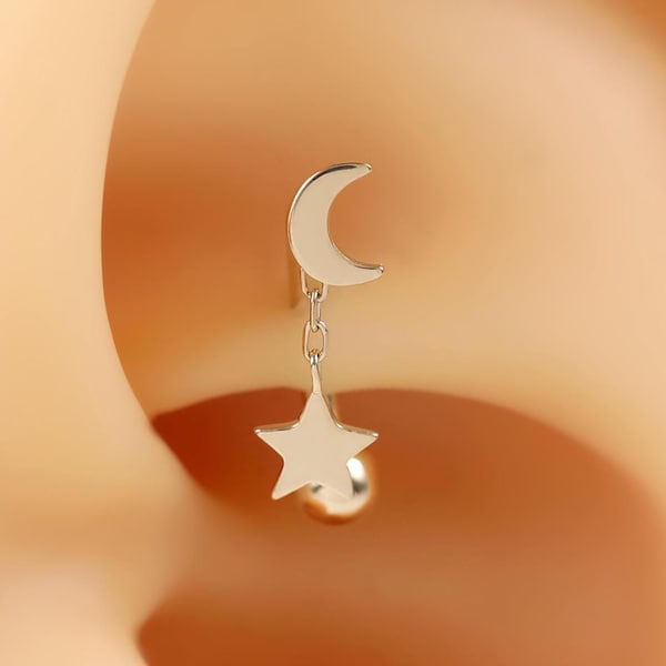 14K Gold Mond & Stern Turmuhr Ring: Curved Barbell Piercing 16G