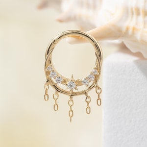 14k Solid Gold Dangle Chain Septum Clicker Double Row Nose Clicker Dainty Cartilage Hoop Ring Helix Hinged Hoop Daith Ring Earring 16g 8mm