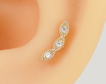 14k Solid Gold Tiny Climber Stud Cartilage Piercing Gold Clear CZ Crawler Helix Stud Conch Earring Tragus Lobe Stud Flat Back Earring