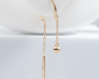 14k Solid Gold Dangle Chain Threader Chime Earring Gold Diamond Cut Ball Curved Bar Threader Stud Cartilage Earlobe Helix Piercing Earring