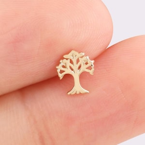 14k Solid Gold Tree of Life Stud Earring Cartilage Helix Conch Tragus Earring Dainty Nature-Inspired Piercing Jewelry Flat Back Earring