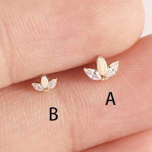 14K Solid Gold Lotus Cartilage Stud Earring, CZ Tiara Helix Earring, Tragus Jewelry, Labret Stud, Crown Earring, Flower Push in Back Stud