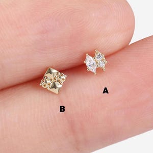 14K Solid Gold Engraved Square Stud Earring Double Marquise CZ Cartilage Stud Helix Conch Tragus Piercing Flat Back Earring Gold Labret Stud