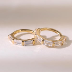 14k Solid Gold Baguette Diamond Daith Clicker Clear CZ Septum Helix Hinged Clicker Ring Rook Helix Cartilage Huggie Hoop Belly Button Ring