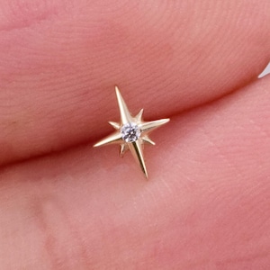 14k Solid Gold Starburst Stud Earring Tiny Star Cartilage Earring Celestial Earring Star Helix Stud Tragus Conch Earring Flat Back Earring