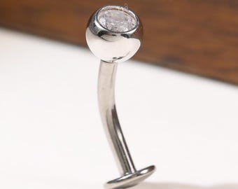 14k Solid White Gold Bezel Setting Floating Belly Ring, Threaded Threadless Navel Piercing