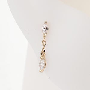 14K Solid Gold Dangle Marquise Diamond Push Back, Gold Drop Chain Helix Cartilage Stud, Clear CZ Tragus Conch Flat Back, Dainty Dangle Stud