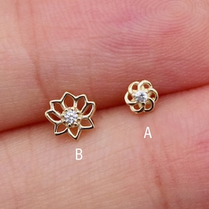 14k Solid Gold Tiny Flower Stud Earring Minimalist Tragus Piercing Internally threaded Earring Conch Helix Earring Flat Screw Back Earring