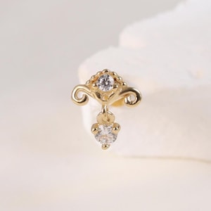 14k massief gouden romantische scroll dangle helix oorbel druppel kraakbeen stud Threadless in labret conch dangle piercing tragus platte achterkant stud