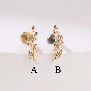 14k Solid Gold Tiny Leaf Helix Push Back Stud Olive Leaf Cartilage Earring Conch Twig Tragus Flat Back Branch Leaves Nose Labret Stud