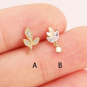 14K Solid Gold Olive Leaf Dangle Stud Earring Beaded Branch Earring Tiny Leaves Helix Stud Conch Earring Leaf Tragus Stud Flat Back Earring