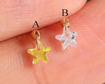 14K Solid Gold Floating Star CZ Vertical Helix Stud Earring, Hidden Helix Hidden Rook Push Back