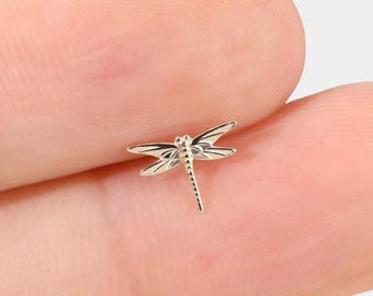 Orecchino a pressione per cartilagine a forma di libellula in oro massiccio 14 carati, piercing labret a forma di animale con perno senza filettatura