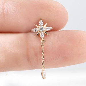 14k Solid Gold Star Dangle Chain Stud Clear CZ Cartilage Push Back Helix Piercing Stud Eight-pointed Star Threadless Flat Back Earring