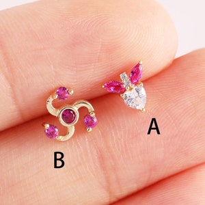 Brinco romântico de coração rosa em ouro maciço 14k, com pino helicoidal inspirado no amor, brinco de concha, piercing tragus, com parte traseira plana, joia romântica para orelha