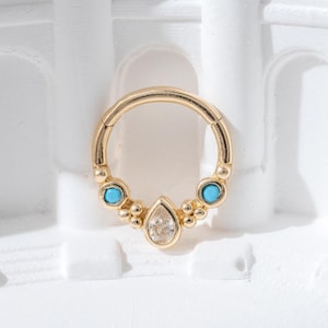 14K massief gouden turkoois septum ring Teardrop Daith Hoop Helix Hoop Clicker kraakbeenring gouden neus septum Daith Earring cadeau voor haar 16g