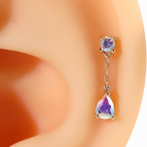 14k Solid Gold Pear AB Plated Color Stone Dangle Cartilage Earring Stud Dangle Tragus Earring Helix Stud Conch Earring Flat Back Earring