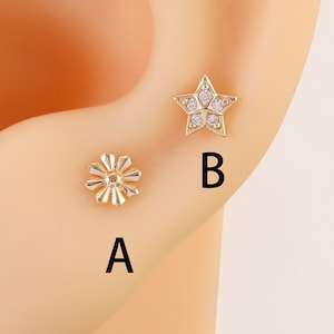 14k Solid Gold Tiny Flower Stud Piercing Minimalist Daisy Earring Helix Stud Star Tragus Stud Labret Conch Earring Flat Back Earring