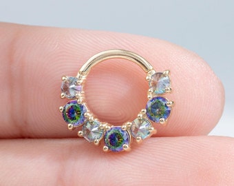 14K Solid Gold Gleaming Rainbow Quartz Septum Ring Daith Hoop Helix Hoop Clicker Cartilage Ring Gold Nose Septum Daith Earring 16g 8mm