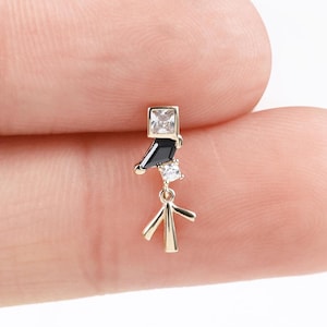 14k Solid Gold Dangle Stacking Stud Earring Black Diamond Cartilage Earring Helix Stud Tragus Conch Piercing Threadless Flat Back Earring