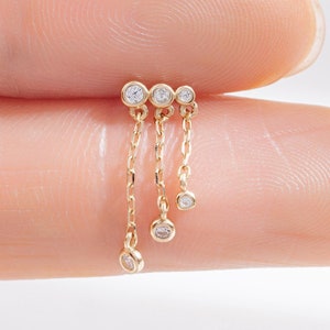 14k Solid Gold Dangle Chain Climber Earring Bezel Setting Cartilage Hidden Helix Tragus Couch Piercing Threadless Stud Flat Back Earring