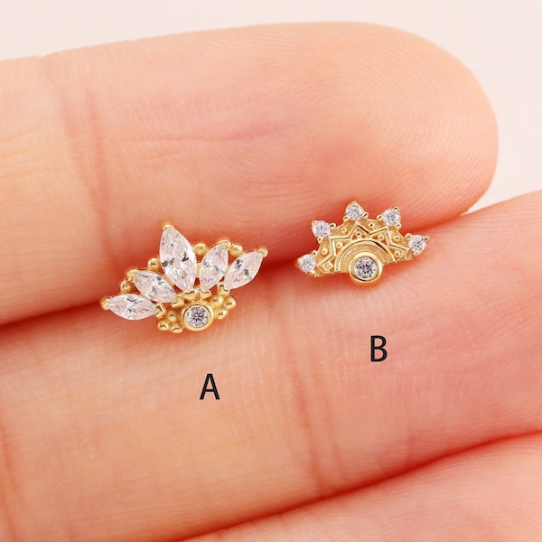 14K Solid Gold Wings Stud Earring Crown Cartilage Earring Tiny Fan Helix Stud Conch Earring Lotus Tragus Stud Flat Push in Back Earring