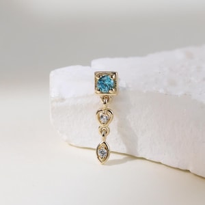 14k Solid Gold Blue Topaz Dangle Cartilage Push Back Gold Helix Stud Dangle Heart Piercing Dangle Conch Tragus Threadless Flat Back Stud