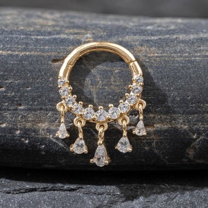14k Solid Gold Dangle Teardrop Septum Clicker Pave Sparking CZ Cartilage Piercing Helix Hinged Hoop Earring Daith Huggie Ring 16G 8mm