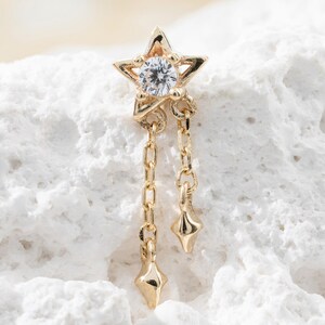 14k Solid Gold Dangle Star Clear CZ Stud Earring Dangle Chain Star Cartilage Earring Celestial Helix Stud Tragus Conch Piercing Flat Back