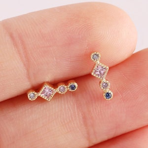 14k Solid Gold Axis Stacked Earring, CZ Bar Cartilage Stud, Tragus Earring, Helix Stud, Conch Earring, Threadless Flat Back Earring