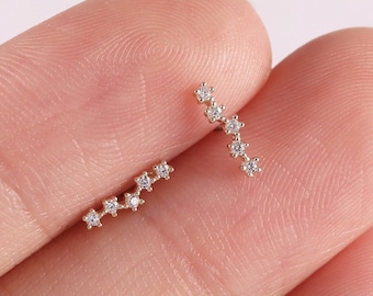 14k Solid Gold Diamond Star Cartilage Stud Earring Dainty Curved Bar Earring Threadless Push Pin Helix Conch Tragus Flat Back Earring