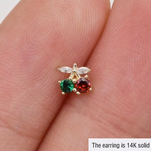 14k Solid Gold Dainty Cherry Stud Earring Cute Cartilage Stud Tragus Stud Conch Earring Helix Stud Color Stone Stud Labret Stud Push in Back image 1