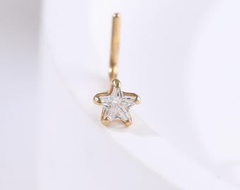 14k Solid Gold Star Nose Stud: L Shaped Twisted Nose Ring 20G