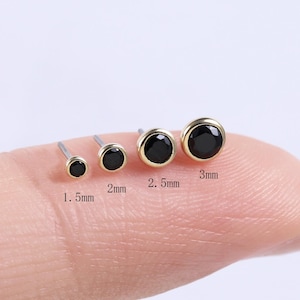 14k Solid Gold Black Stone Multiple Size Cartilage Earring Helix Stud Bezel Setting Conch Tragus Stud Nose Piercing Jewelry Flat Back Stud