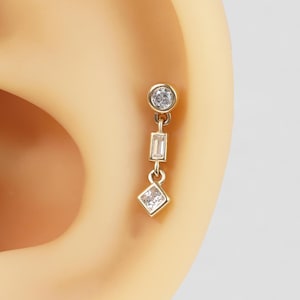 14k Solid Gold Dangle Diamond Drop Cartilage Earring Gold Triple Drop Chain Helix Stud Earring Dangle Gemstone Conch Tragus Flat Back Stud