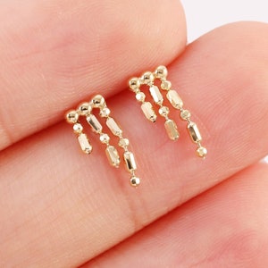 14k Solid Gold Dangle Chain Stud Earring, Beaded Waterfall Stud Earring, Chain Cartilage Earring Helix Stud Tragus Conch Flat Back Earring