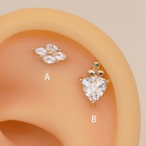 14k Solid Gold Internally Threaded Stud Earring Dainty Cartilage Stud Beaded Conch Earring Helix Tragus Stud Labret Stud Flat Back Earring