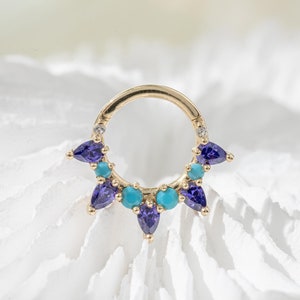 14k Solid Gold Turquoise Lotus Flower Septum Ring Gold Daith Hoop Clicker Cartilage Hoop Earring Helix Hinged Hoop Clicker Jewelry 16g 8mm