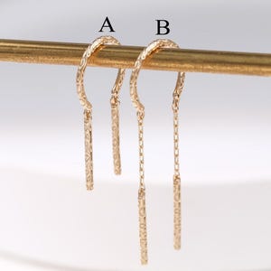 14k Solid Gold Textured Dangle Chain Threader Chime Earring: Engraved Pattern Earwire Thread Dancing Threader image 1