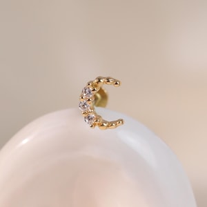 14k Solid Gold Crescent Moon Helix Push Back Moon Cartilage Labret Tiny Tragus Flat Back Celestial Diamond Conch Flat Nose Stud Piercing