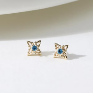 14k Solid Gold Blue Floral Earring Gold Blue Floral Cartilage Earring Helix Stud Tragus Conch Piercing Threadless Flat Back Earring