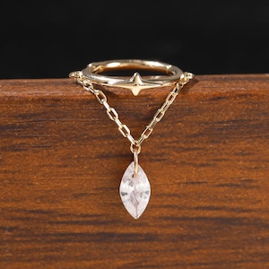 14K Solid Gold Floating Marquise CZ Cartilage Clicker, Star Dangle Chain Helix Hinged Hoop 18G