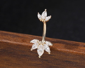 14K Solid Gold Lotus Internally Threaded Rook Barbell, Double Floral Curved Barbell Ring 18G