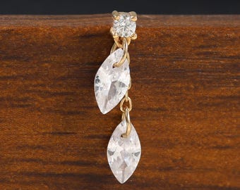 14K Solid Gold Floating Marquise Diamond Push Back, Gold Drop Chain Helix Cartilage Stud, Double Marquise Clear CZ Tragus Conch Flat Back
